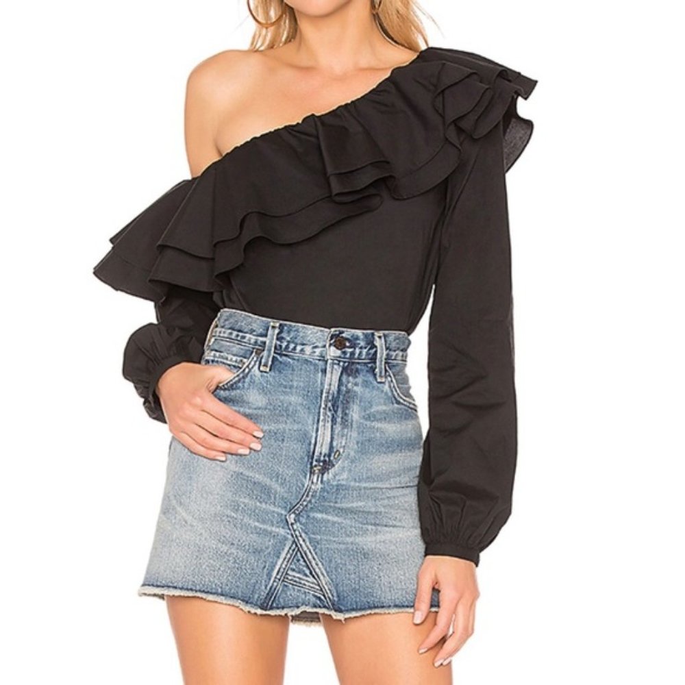 L’Academie Black Ruffle Off-shoulder Top